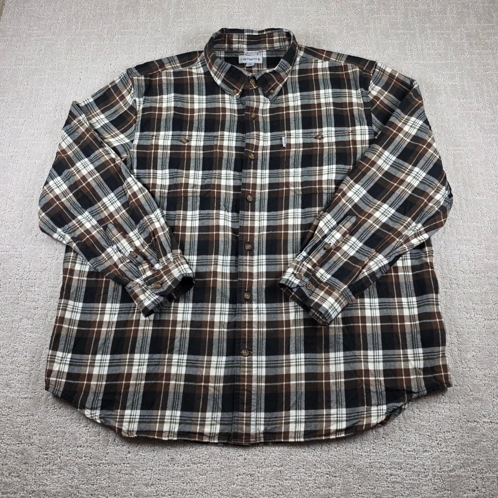Carhartt Mens 2XL Relaxed Fit Brown Black Plaid Flannel Shirt Long Sleeve Pocket - Picture 1 of 9